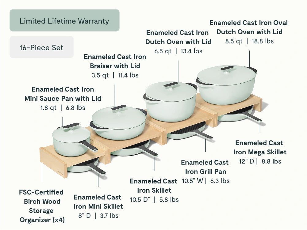 Deluxe Enameled Cast Iron Set - 16-Piece Set With Complimentary Storage Organizer - US 5572