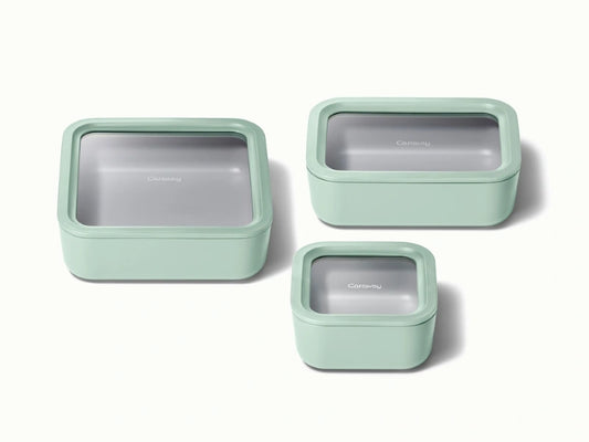 Food Storage Trio - Trio of ceramic-coated glass containers including our Small, Medium, and Large size all built for clean storing. - US 5451